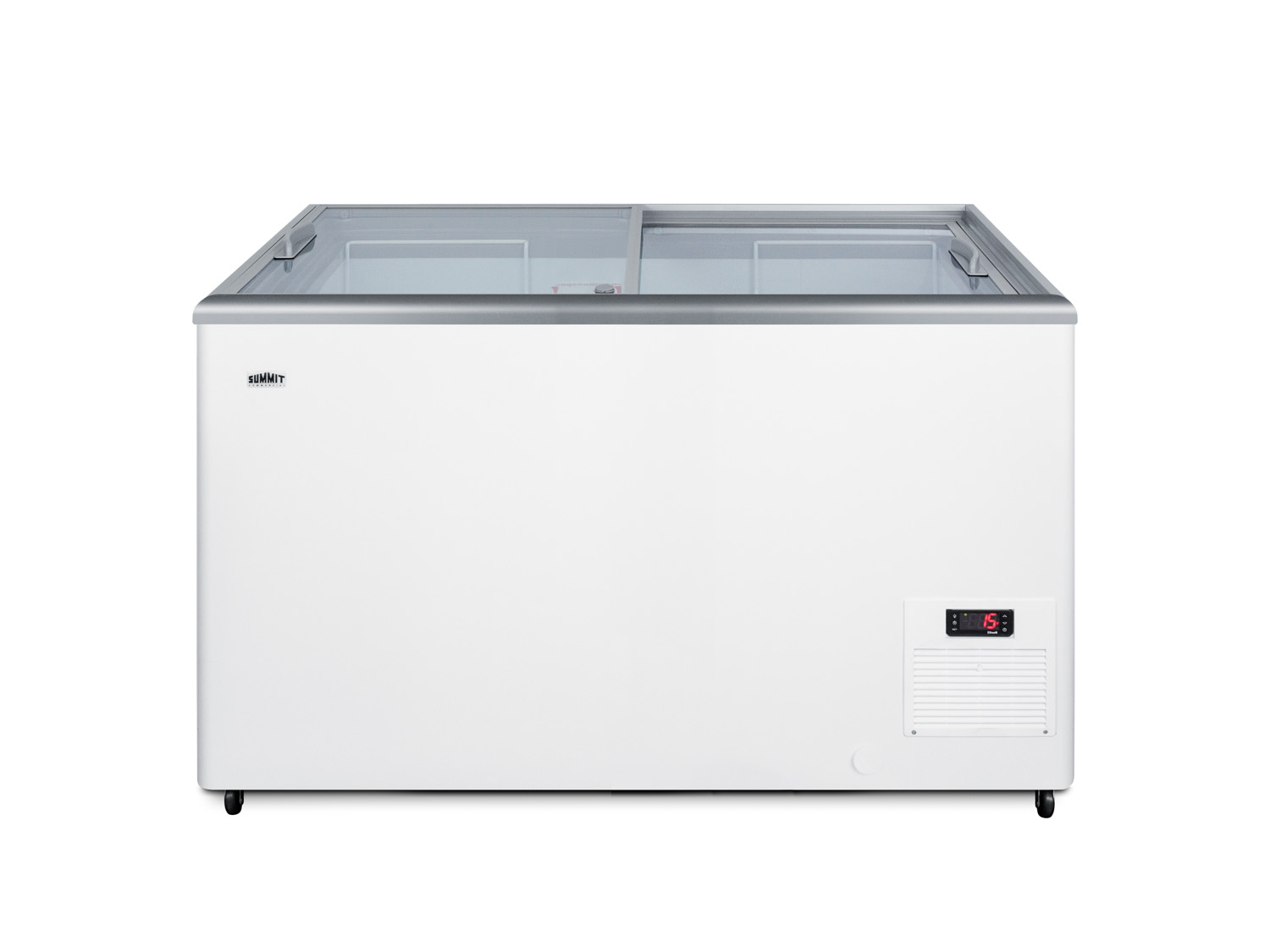 Flat top commercial ice cream freezer with sliding glass lid, digital thermostat, novelty baskets, and 11.7 cu.ft. capacity